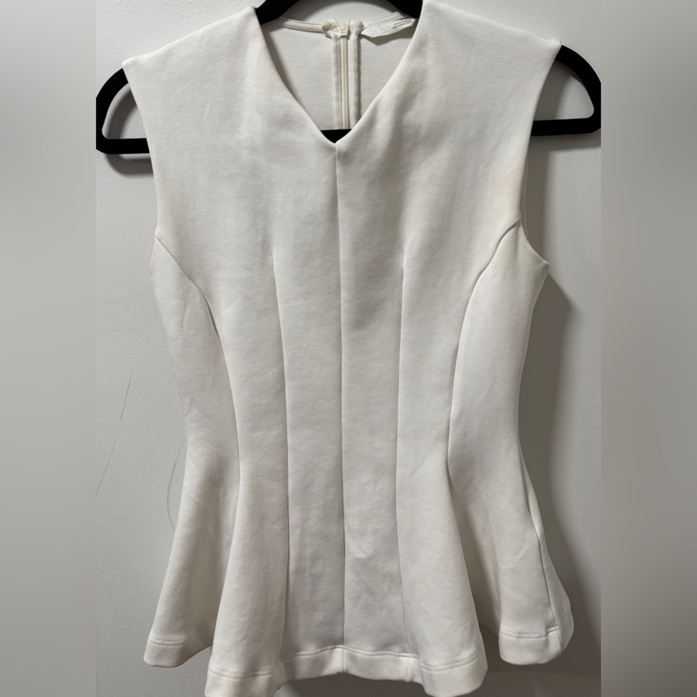 ZARA Cream Stretch Pleated Sleeveless V-neck Peplum Top Size S
